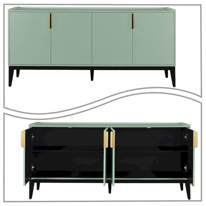 63-Inch Wood Sideboard Cabinet with Gold Handles and Tapered Legs