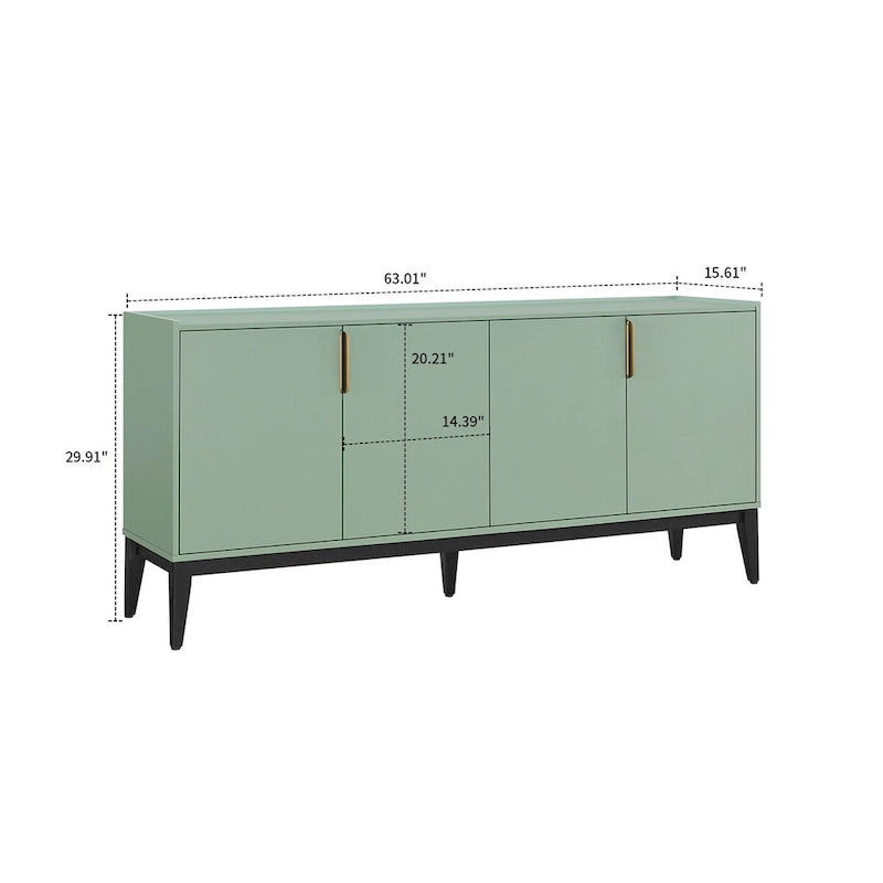 63-Inch Wood Sideboard Cabinet with Gold Handles and Tapered Legs