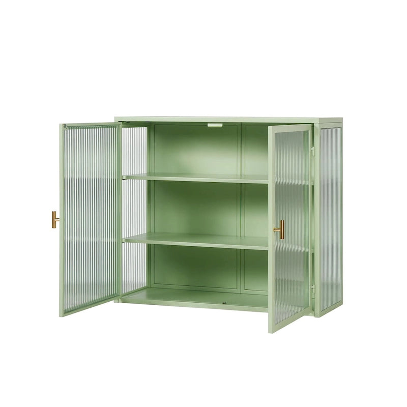 Wandmontierter Schrank mit geriffelter Tür aus gehärtetem Glas und dreistufigem Stauraum, mintgrün und schwarz