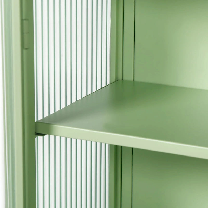 Wandmontierter Schrank mit geriffelter Tür aus gehärtetem Glas und dreistufigem Stauraum, mintgrün und schwarz