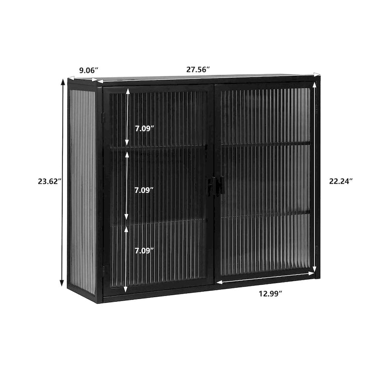 Wandmontierter Schrank mit geriffelter Tür aus gehärtetem Glas und dreistufigem Stauraum, mintgrün und schwarz
