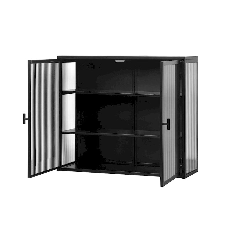 Wandmontierter Schrank mit geriffelter Tür aus gehärtetem Glas und dreistufigem Stauraum, mintgrün und schwarz