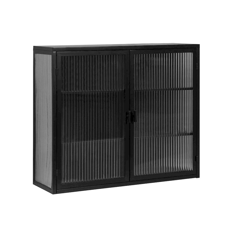 Wandmontierter Schrank mit geriffelter Tür aus gehärtetem Glas und dreistufigem Stauraum, mintgrün und schwarz