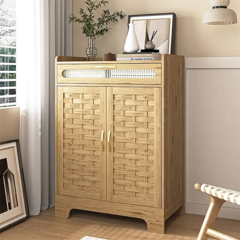 Holzschrank mit geflochtenen Türen, Schublade und verstellbarem Einlegeboden