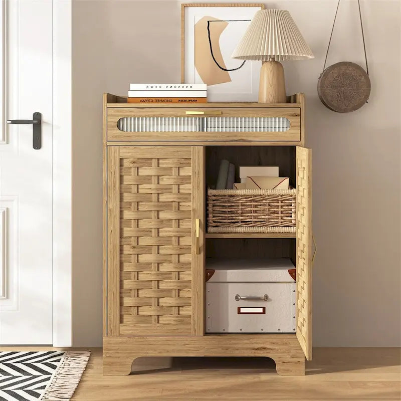 Holzschrank mit geflochtenen Türen, Schublade und verstellbarem Einlegeboden
