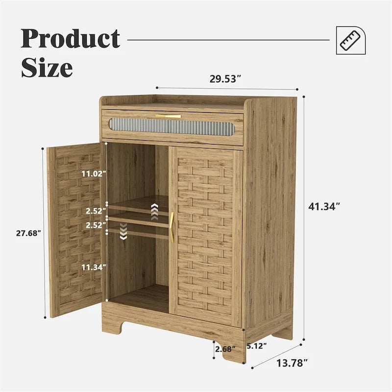 Holzschrank mit geflochtenen Türen, Schublade und verstellbarem Einlegeboden