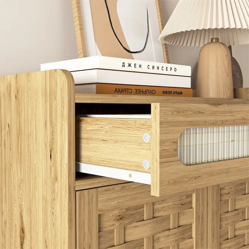 Holzschrank mit geflochtenen Türen, Schublade und verstellbarem Einlegeboden