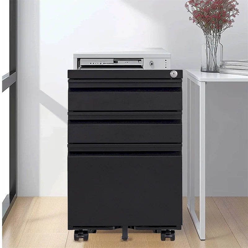 Steel 3-Drawer Locking Mobile File Cabinet with Wheels, Black/White