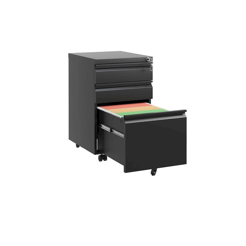 Steel 3-Drawer Locking Mobile File Cabinet with Wheels, Black/White
