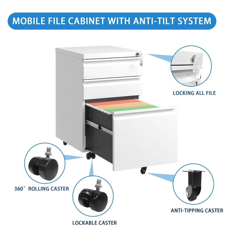 Steel 3-Drawer Locking Mobile File Cabinet with Wheels, Black/White