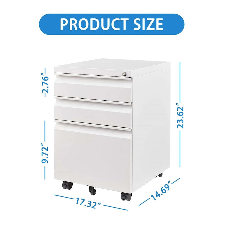 Steel 3-Drawer Locking Mobile File Cabinet with Wheels, Black/White