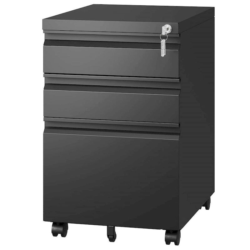 Steel 3-Drawer Locking Mobile File Cabinet with Wheels, Black/White