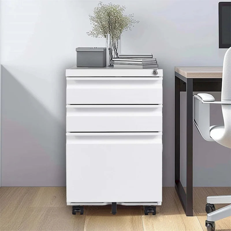 Steel 3-Drawer Locking Mobile File Cabinet with Wheels, Black/White