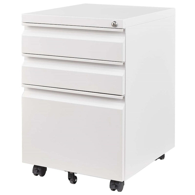 Steel 3-Drawer Locking Mobile File Cabinet with Wheels, Black/White
