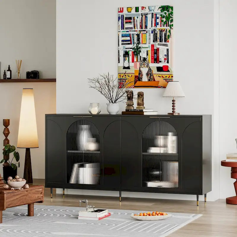 Fluted Glass Door Storage Cabinet with Arched Design and Metal Legs, Mint Green or Black