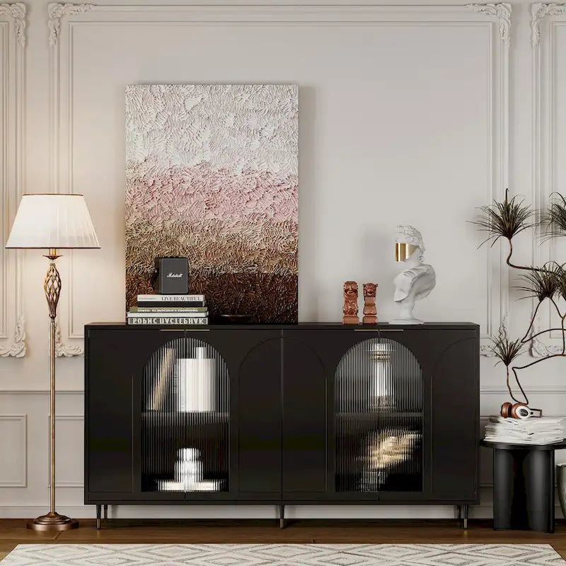 Fluted Glass Door Storage Cabinet with Arched Design and Metal Legs, Mint Green or Black