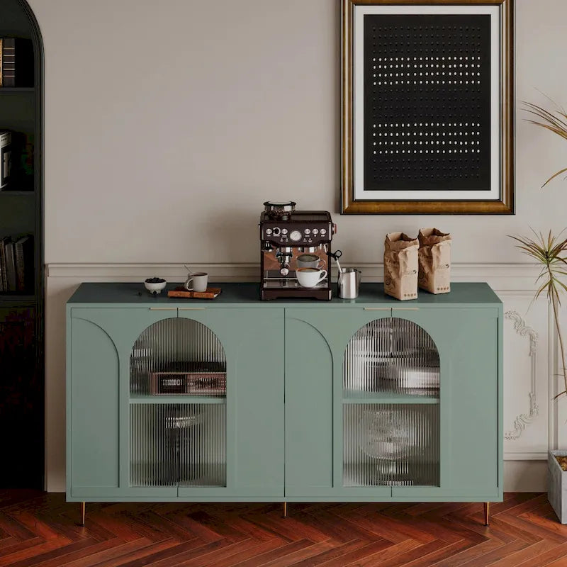 Fluted Glass Door Storage Cabinet with Arched Design and Metal Legs, Mint Green or Black