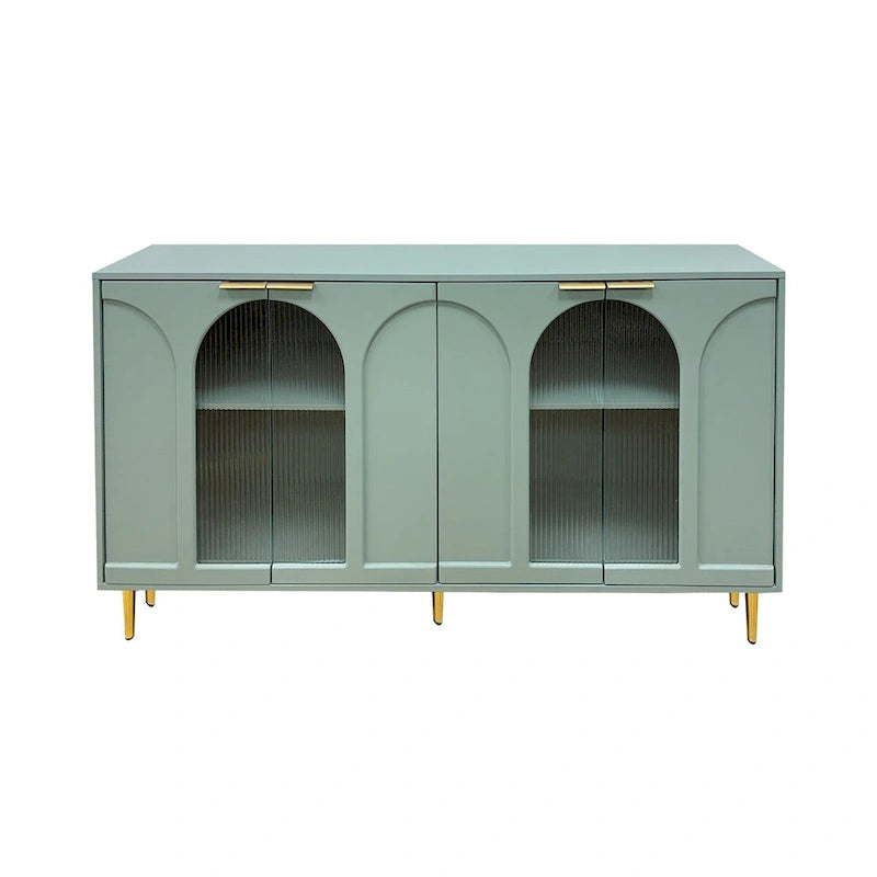 Fluted Glass Door Storage Cabinet with Arched Design and Metal Legs, Mint Green or Black