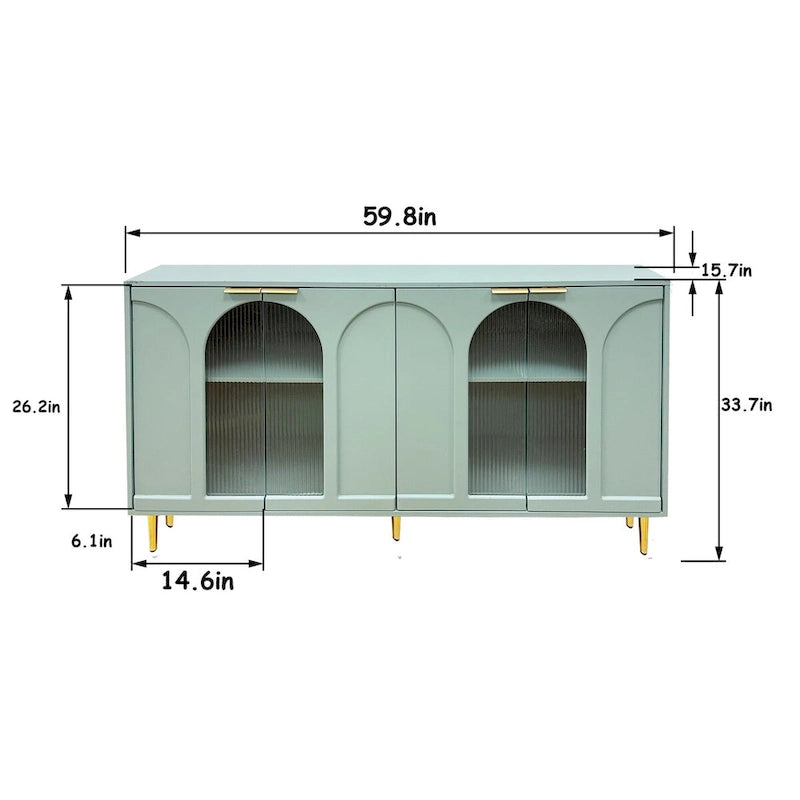 Fluted Glass Door Storage Cabinet with Arched Design and Metal Legs, Mint Green or Black