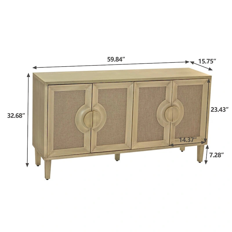 Vintage Cream 4-Door Sideboard Cabinet with Linen Panels and Round Handles