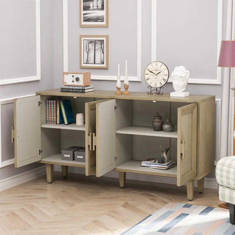 Vintage Cream 4-Door Sideboard Cabinet with Linen Panels and Round Handles