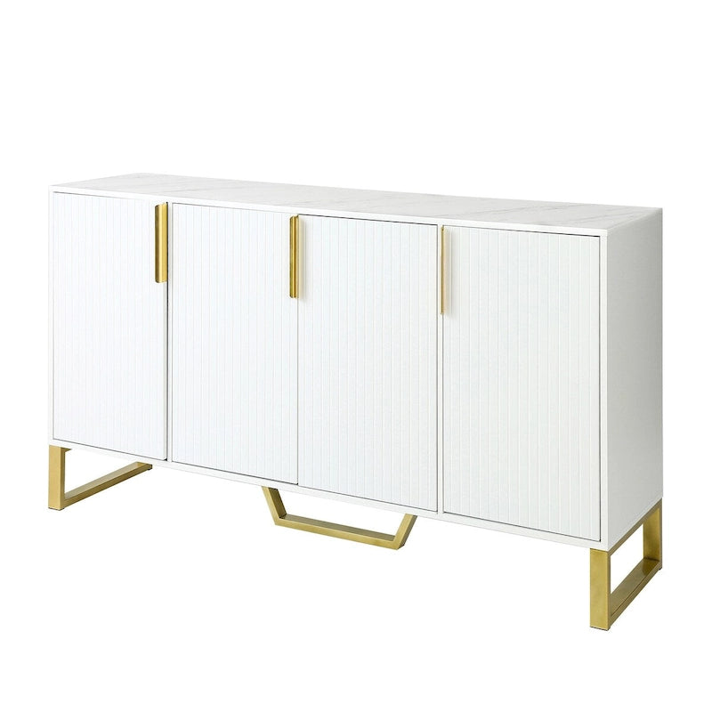 60-Inch Modern Sideboard Cabinet with 4 Doors, Gold Legs, Marble-Look Top, Adjustable Shelves, White & Black