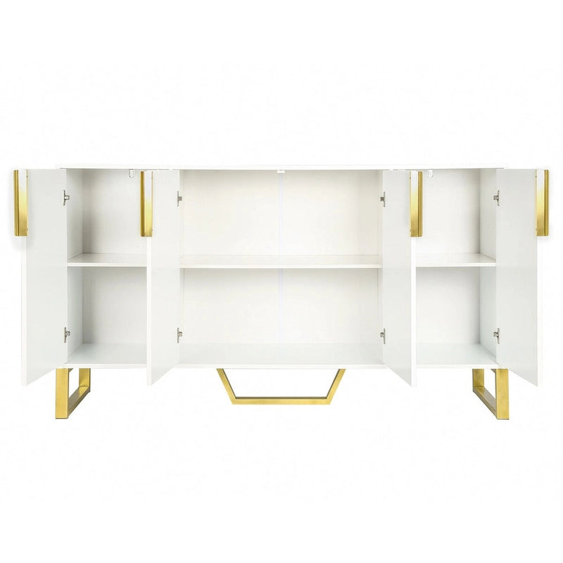 60-Inch Modern Sideboard Cabinet with 4 Doors, Gold Legs, Marble-Look Top, Adjustable Shelves, White & Black