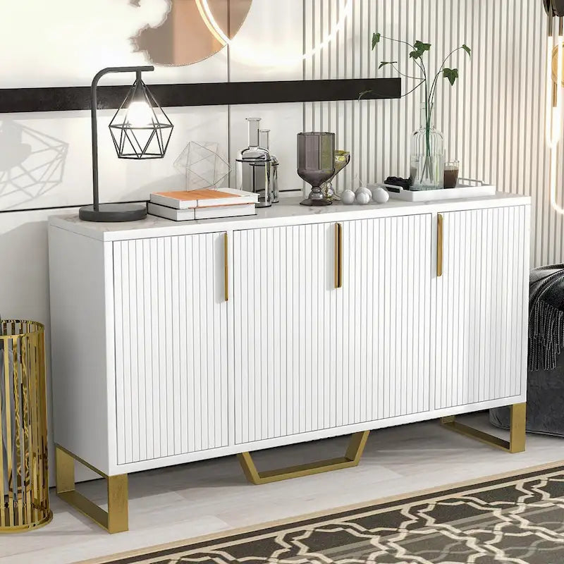 60-Inch Modern Sideboard Cabinet with 4 Doors, Gold Legs, Marble-Look Top, Adjustable Shelves, White & Black