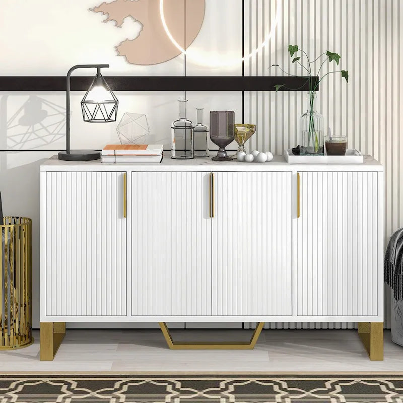60-Inch Modern Sideboard Cabinet with 4 Doors, Gold Legs, Marble-Look Top, Adjustable Shelves, White & Black