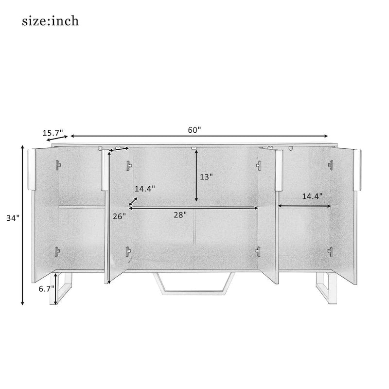 60-Inch Modern Sideboard Cabinet with 4 Doors, Gold Legs, Marble-Look Top, Adjustable Shelves, White & Black