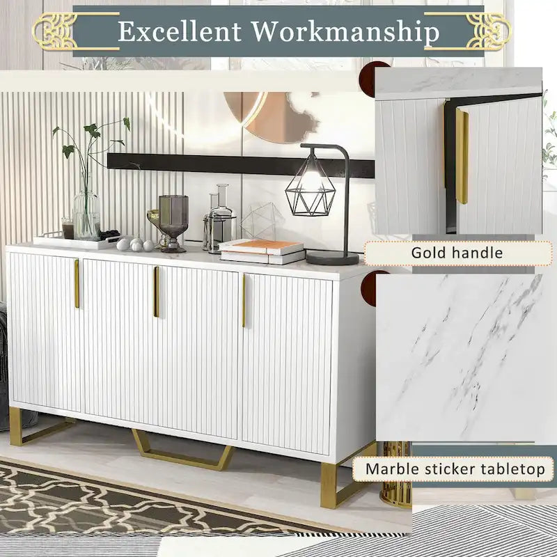 60-Inch Modern Sideboard Cabinet with 4 Doors, Gold Legs, Marble-Look Top, Adjustable Shelves, White & Black