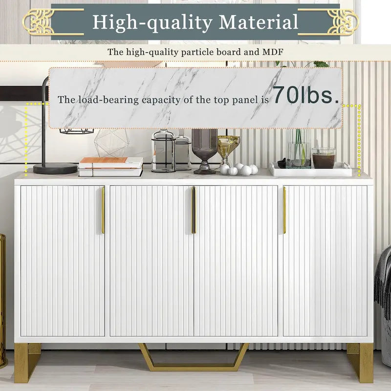 60-Inch Modern Sideboard Cabinet with 4 Doors, Gold Legs, Marble-Look Top, Adjustable Shelves, White & Black