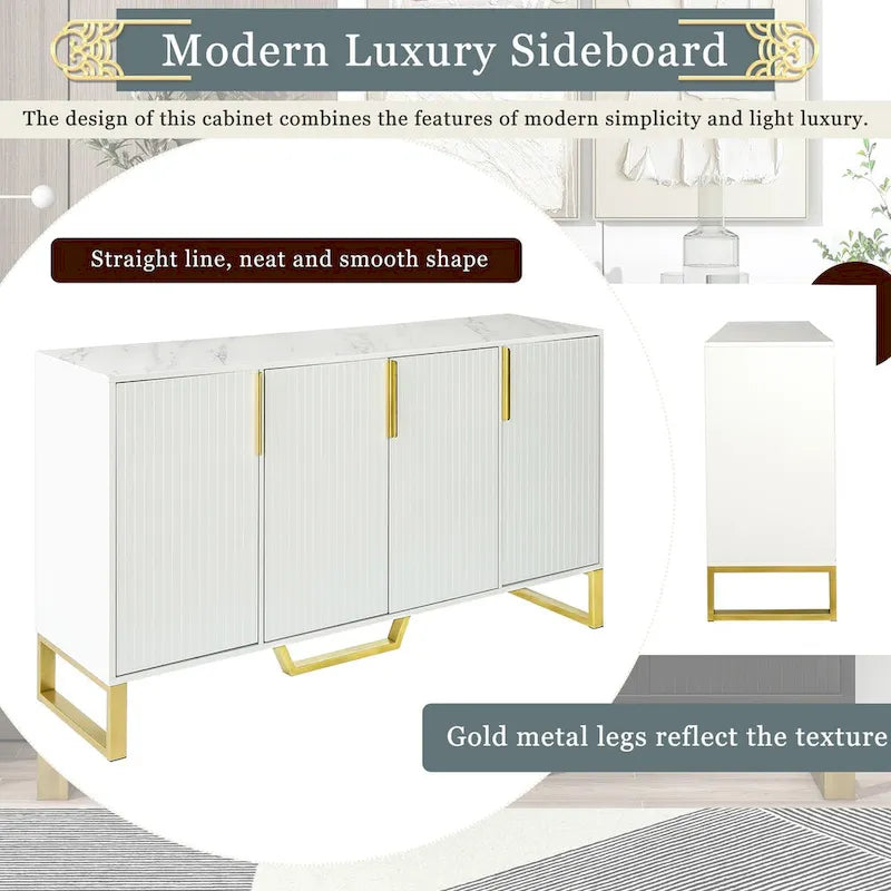 60-Inch Modern Sideboard Cabinet with 4 Doors, Gold Legs, Marble-Look Top, Adjustable Shelves, White & Black