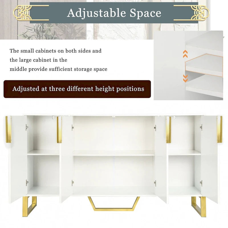 60-Inch Modern Sideboard Cabinet with 4 Doors, Gold Legs, Marble-Look Top, Adjustable Shelves, White & Black