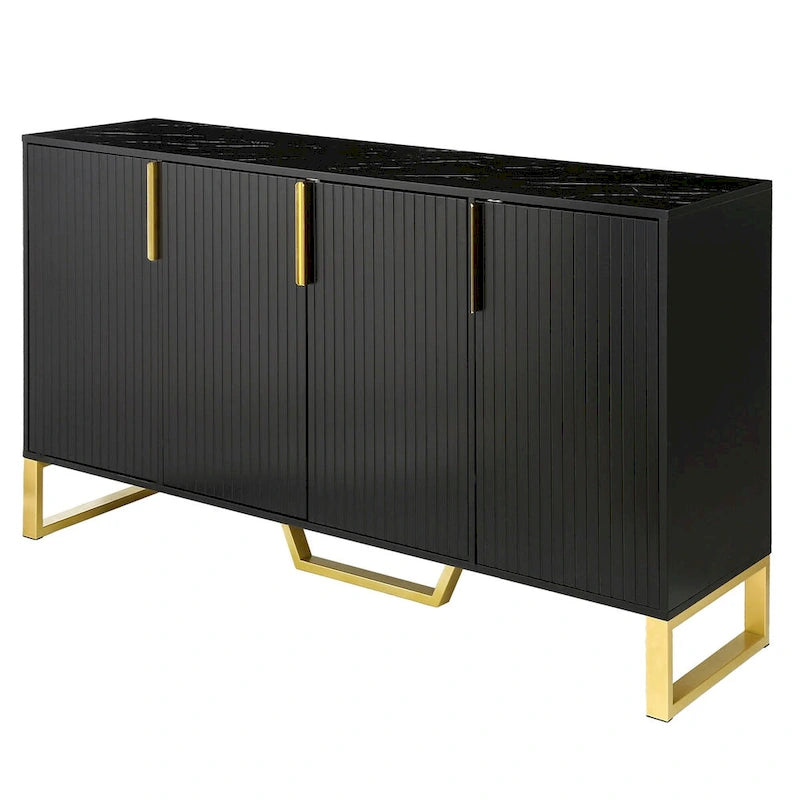 60-Inch Modern Sideboard Cabinet with 4 Doors, Gold Legs, Marble-Look Top, Adjustable Shelves, White & Black