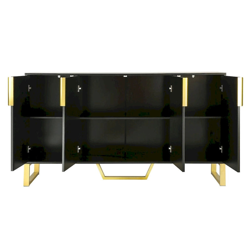 60-Inch Modern Sideboard Cabinet with 4 Doors, Gold Legs, Marble-Look Top, Adjustable Shelves, White & Black