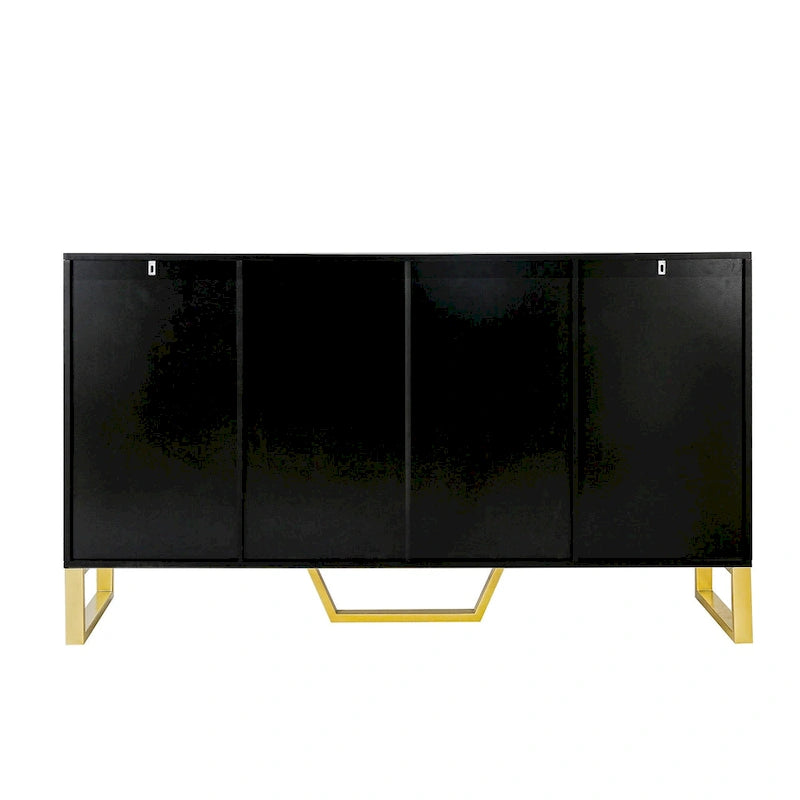 60-Inch Modern Sideboard Cabinet with 4 Doors, Gold Legs, Marble-Look Top, Adjustable Shelves, White & Black