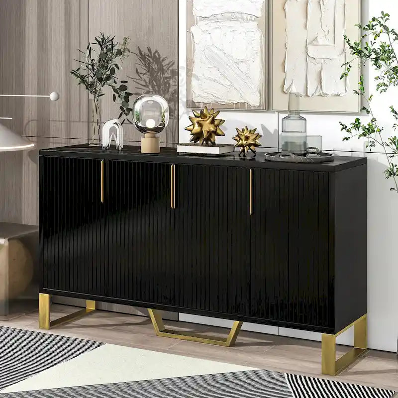 60-Inch Modern Sideboard Cabinet with 4 Doors, Gold Legs, Marble-Look Top, Adjustable Shelves, White & Black