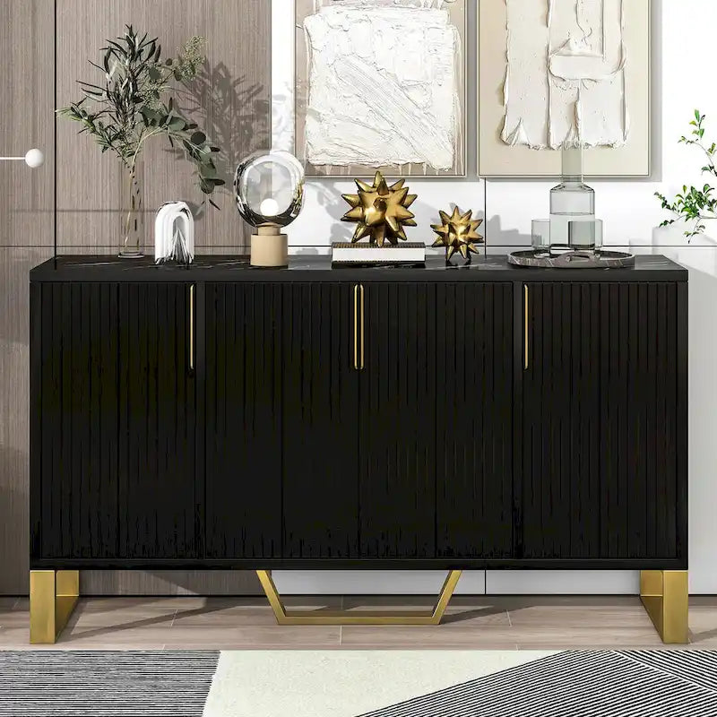 60-Inch Modern Sideboard Cabinet with 4 Doors, Gold Legs, Marble-Look Top, Adjustable Shelves, White & Black