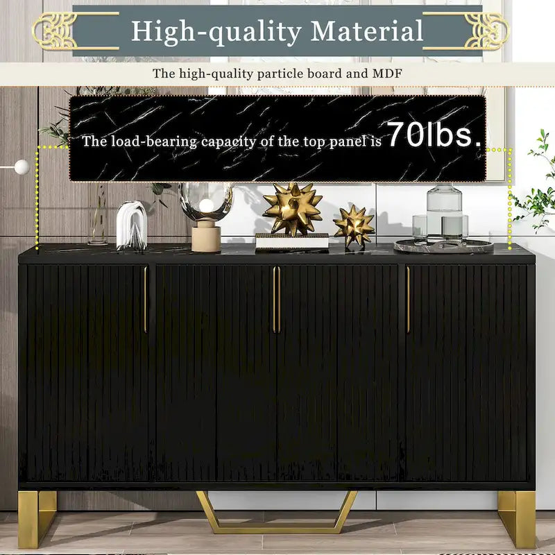 60-Inch Modern Sideboard Cabinet with 4 Doors, Gold Legs, Marble-Look Top, Adjustable Shelves, White & Black