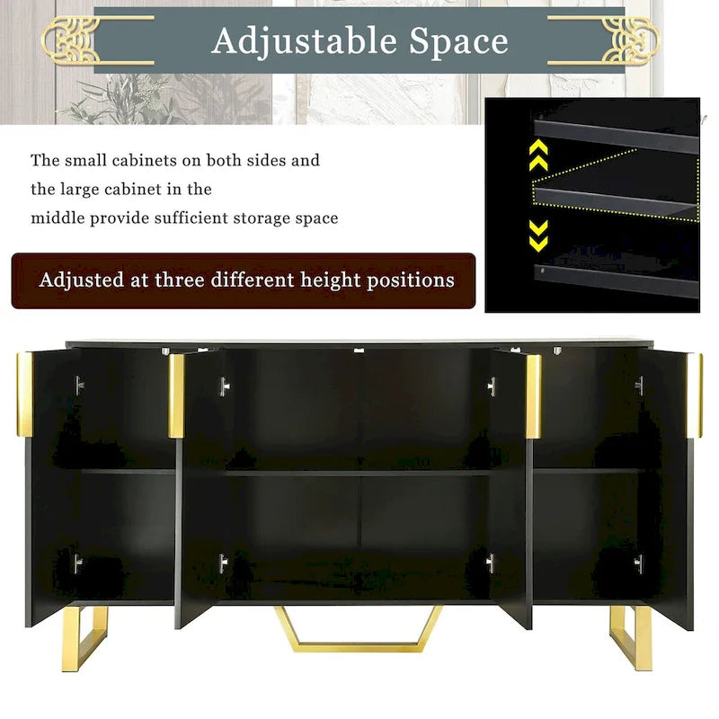 60-Inch Modern Sideboard Cabinet with 4 Doors, Gold Legs, Marble-Look Top, Adjustable Shelves, White & Black