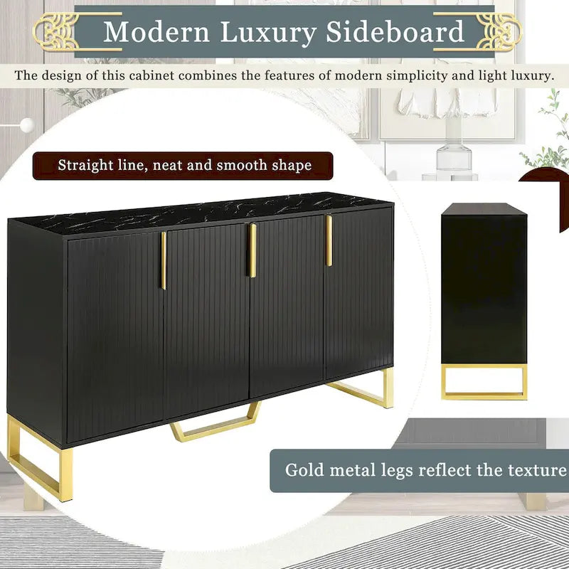 60-Inch Modern Sideboard Cabinet with 4 Doors, Gold Legs, Marble-Look Top, Adjustable Shelves, White & Black
