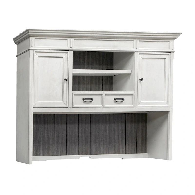 Two-Tone Wood Hutch with Cabinet Doors, Drawers, Open Shelves, White and Gray