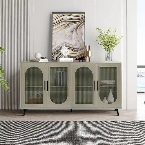 4-Door Arched Glass Sideboard Storage Cabinet with Metal Legs, Beige