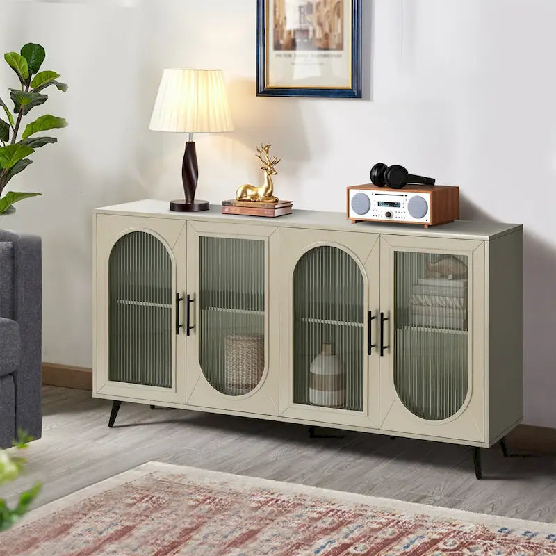 4-Door Arched Glass Sideboard Storage Cabinet with Metal Legs, Beige