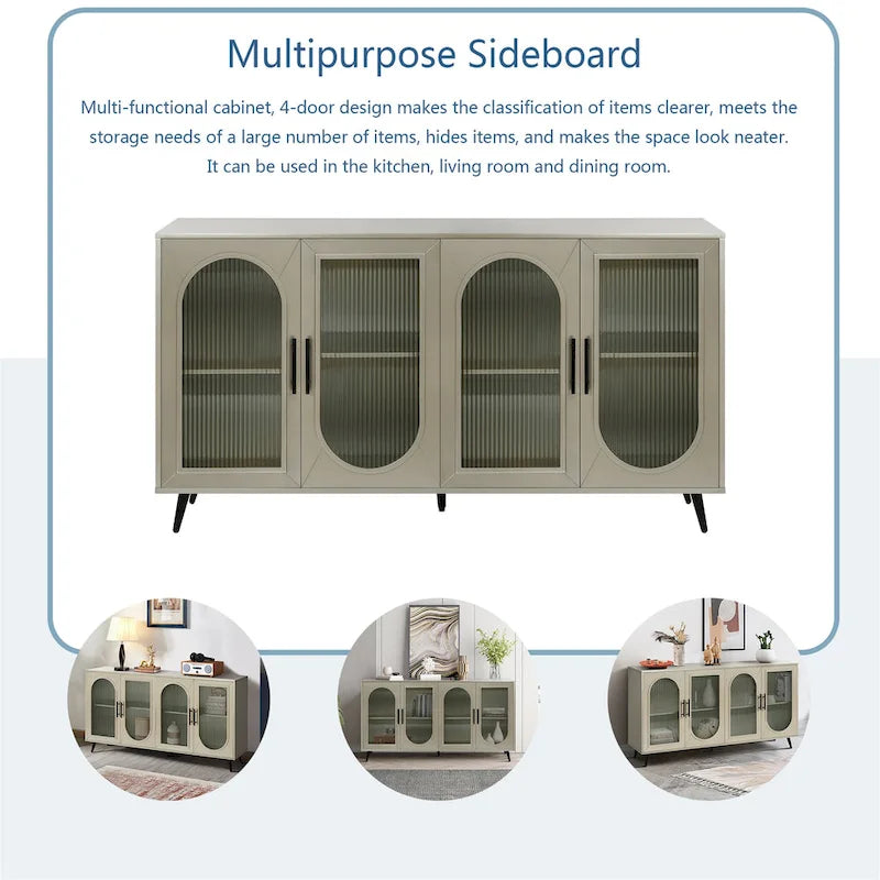 4-Door Arched Glass Sideboard Storage Cabinet with Metal Legs, Beige