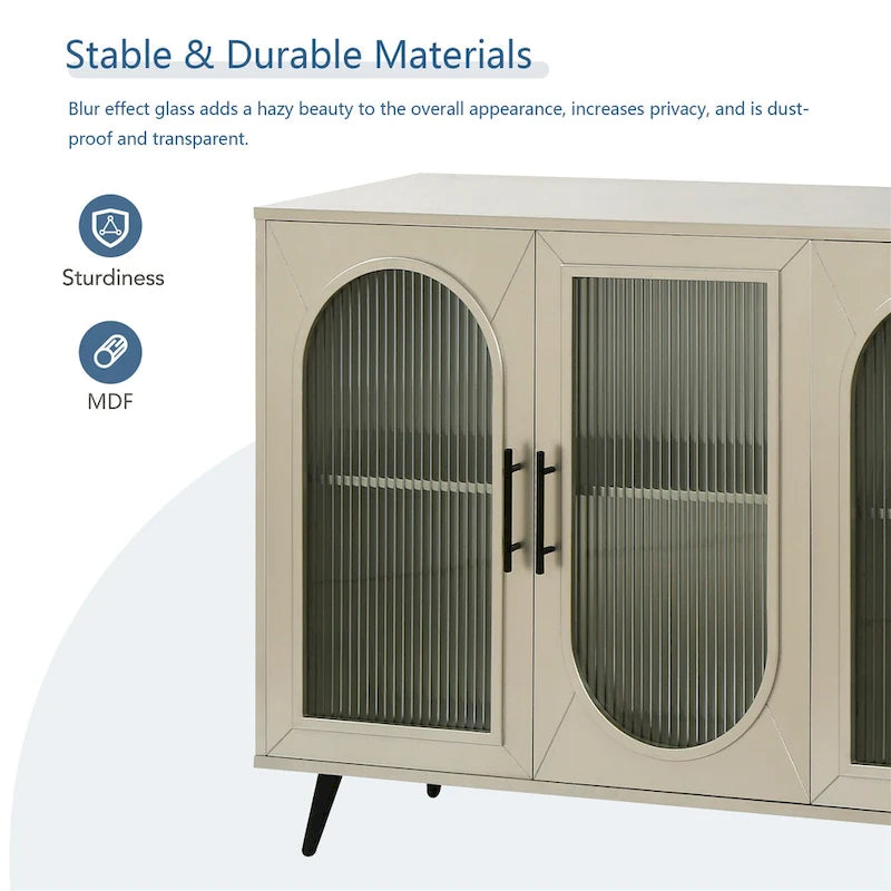4-Door Arched Glass Sideboard Storage Cabinet with Metal Legs, Beige