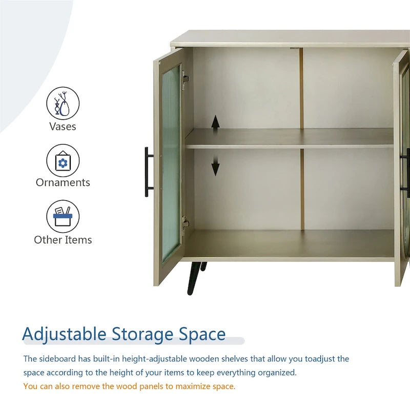 4-Door Arched Glass Sideboard Storage Cabinet with Metal Legs, Beige