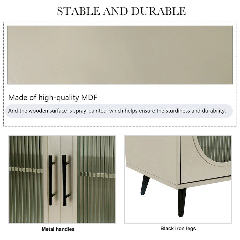 4-Door Arched Glass Sideboard Storage Cabinet with Metal Legs, Beige