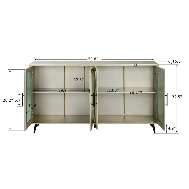 4-Door Arched Glass Sideboard Storage Cabinet with Metal Legs, Beige